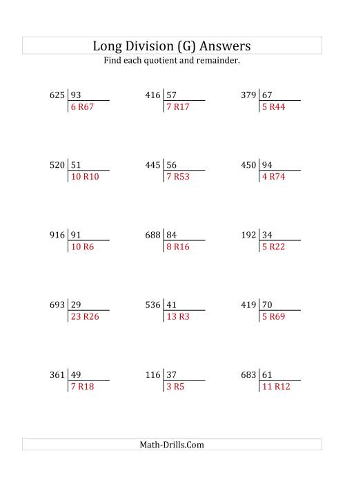 The European Long Division with a 2-Digit Divisor and a 3-Digit Dividend with Remainders (G) Math Worksheet Page 2