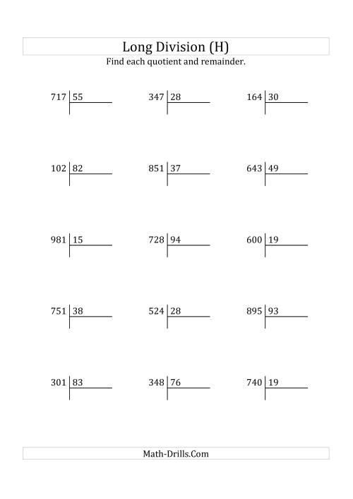The European Long Division with a 2-Digit Divisor and a 3-Digit Dividend with Remainders (H) Math Worksheet