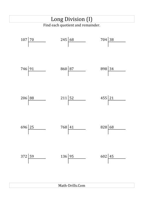 The European Long Division with a 2-Digit Divisor and a 3-Digit Dividend with Remainders (I) Math Worksheet
