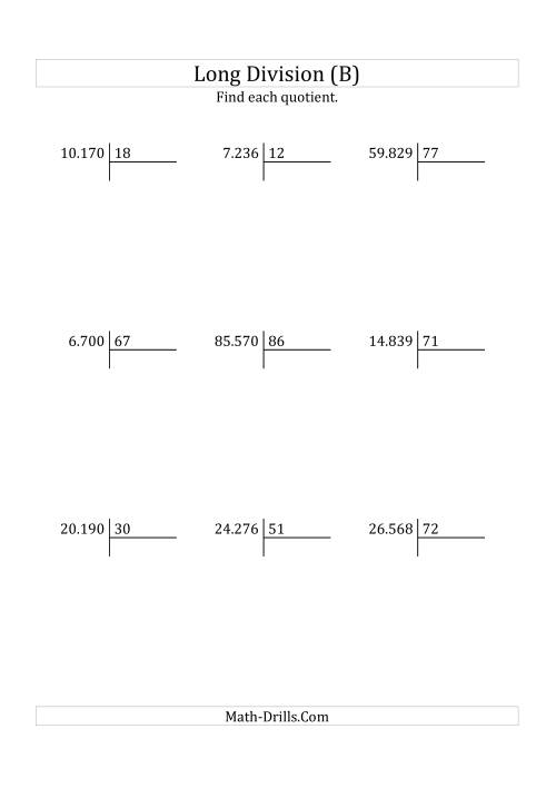 The European Long Division with a 2-Digit Divisor and a 3-Digit Quotient with No Remainders (B) Math Worksheet
