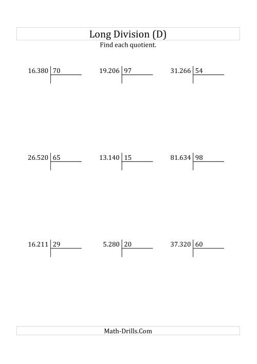 The European Long Division with a 2-Digit Divisor and a 3-Digit Quotient with No Remainders (D) Math Worksheet