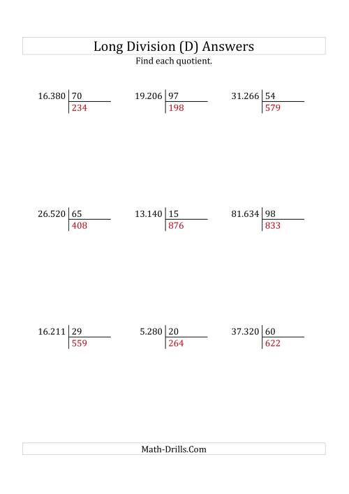 The European Long Division with a 2-Digit Divisor and a 3-Digit Quotient with No Remainders (D) Math Worksheet Page 2