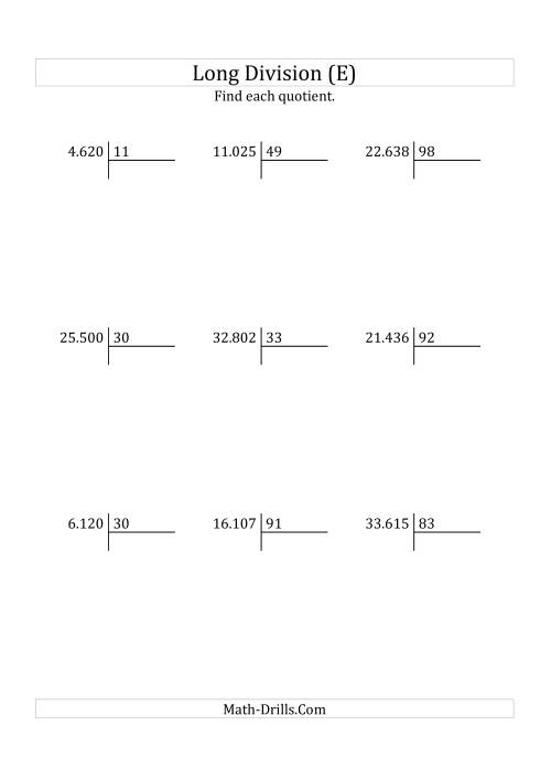 The European Long Division with a 2-Digit Divisor and a 3-Digit Quotient with No Remainders (E) Math Worksheet