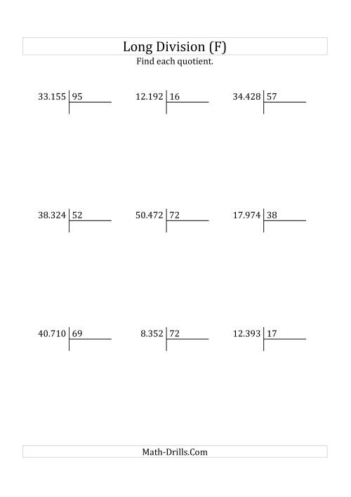 The European Long Division with a 2-Digit Divisor and a 3-Digit Quotient with No Remainders (F) Math Worksheet