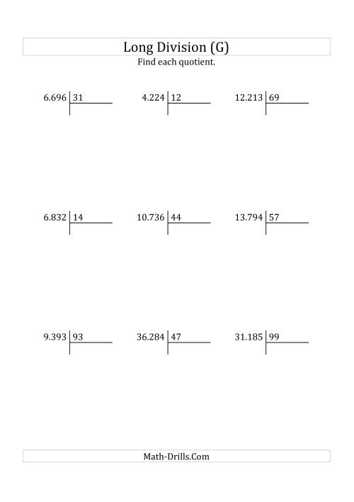 The European Long Division with a 2-Digit Divisor and a 3-Digit Quotient with No Remainders (G) Math Worksheet
