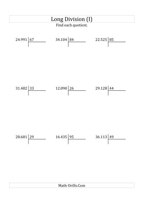 The European Long Division with a 2-Digit Divisor and a 3-Digit Quotient with No Remainders (I) Math Worksheet