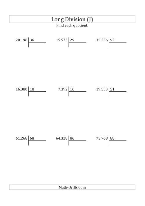The European Long Division with a 2-Digit Divisor and a 3-Digit Quotient with No Remainders (J) Math Worksheet