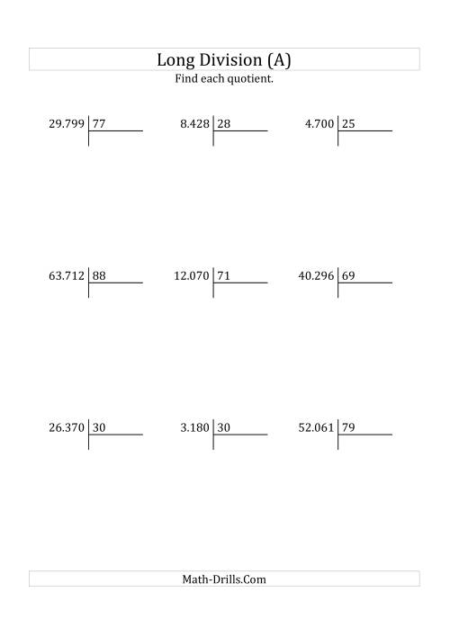 The European Long Division with a 2-Digit Divisor and a 3-Digit Quotient with No Remainders (All) Math Worksheet