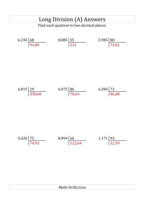 The European Long Division with a 2-Digit Divisor and a 4-Digit Dividend with Decimal Quotients (A) Math Worksheet Page 2