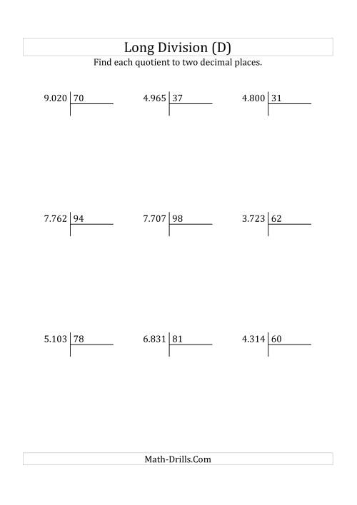 The European Long Division with a 2-Digit Divisor and a 4-Digit Dividend with Decimal Quotients (D) Math Worksheet