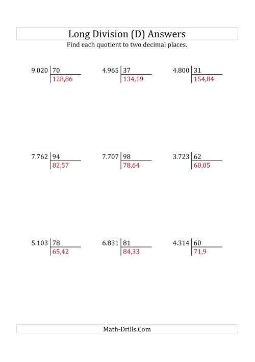 The European Long Division with a 2-Digit Divisor and a 4-Digit Dividend with Decimal Quotients (D) Math Worksheet Page 2