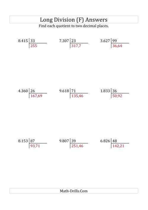 The European Long Division with a 2-Digit Divisor and a 4-Digit Dividend with Decimal Quotients (F) Math Worksheet Page 2