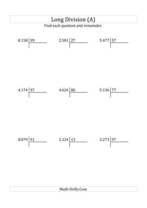 The European Long Division with a 2-Digit Divisor and a 4-Digit Dividend with Remainders (A) Math Worksheet