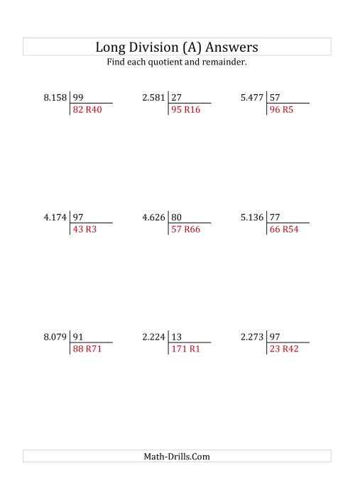 The European Long Division with a 2-Digit Divisor and a 4-Digit Dividend with Remainders (A) Math Worksheet Page 2