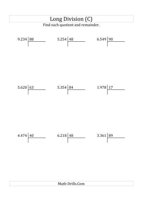 The European Long Division with a 2-Digit Divisor and a 4-Digit Dividend with Remainders (C) Math Worksheet