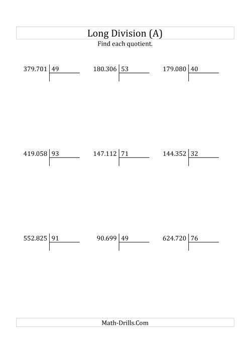 The European Long Division with a 2-Digit Divisor and a 4-Digit Quotient with No Remainders (A) Math Worksheet