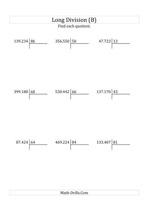 The European Long Division with a 2-Digit Divisor and a 4-Digit Quotient with No Remainders (B) Math Worksheet