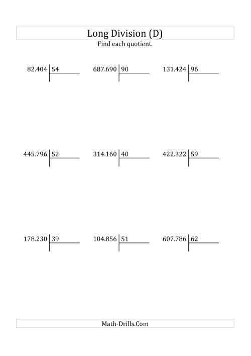 The European Long Division with a 2-Digit Divisor and a 4-Digit Quotient with No Remainders (D) Math Worksheet