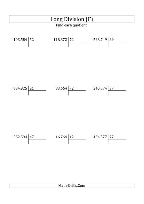 The European Long Division with a 2-Digit Divisor and a 4-Digit Quotient with No Remainders (F) Math Worksheet