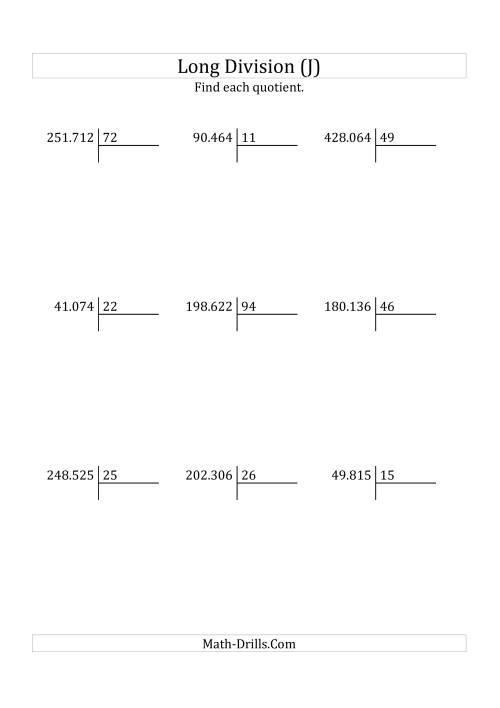 The European Long Division with a 2-Digit Divisor and a 4-Digit Quotient with No Remainders (J) Math Worksheet