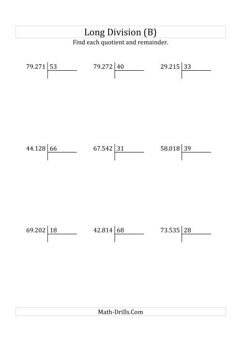 The European Long Division with a 2-Digit Divisor and a 5-Digit Dividend with Remainders (B) Math Worksheet