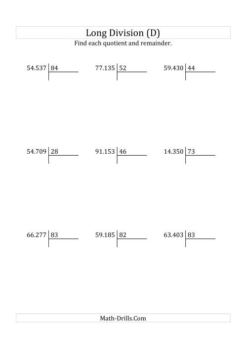The European Long Division with a 2-Digit Divisor and a 5-Digit Dividend with Remainders (D) Math Worksheet