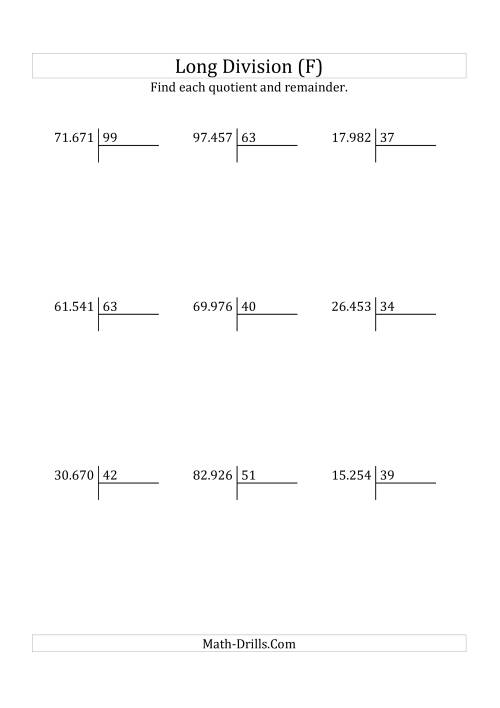 The European Long Division with a 2-Digit Divisor and a 5-Digit Dividend with Remainders (F) Math Worksheet