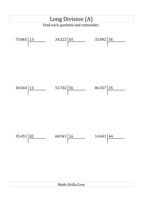 The European Long Division with a 2-Digit Divisor and a 5-Digit Dividend with Remainders (All) Math Worksheet