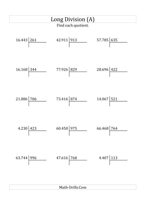 The European Long Division with a 3-Digit Divisor and a 2-Digit Quotient with No Remainders (A) Math Worksheet