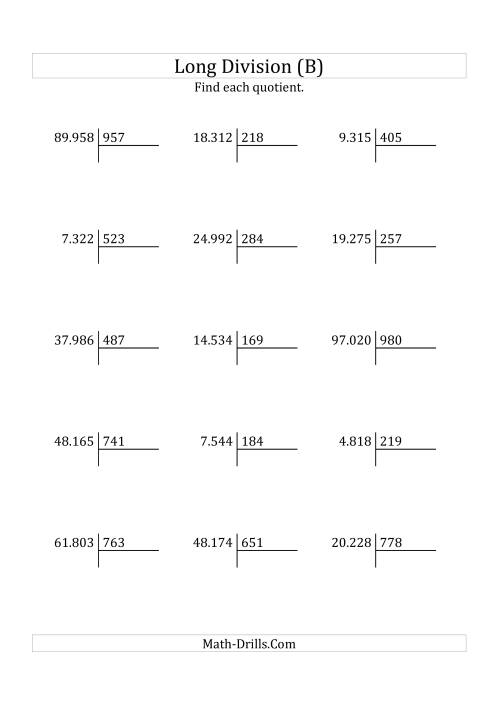 The European Long Division with a 3-Digit Divisor and a 2-Digit Quotient with No Remainders (B) Math Worksheet
