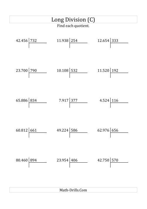 The European Long Division with a 3-Digit Divisor and a 2-Digit Quotient with No Remainders (C) Math Worksheet