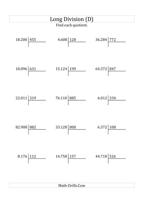 The European Long Division with a 3-Digit Divisor and a 2-Digit Quotient with No Remainders (D) Math Worksheet