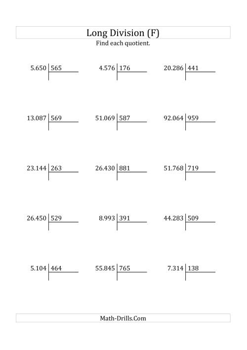 The European Long Division with a 3-Digit Divisor and a 2-Digit Quotient with No Remainders (F) Math Worksheet