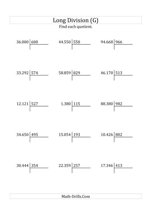 The European Long Division with a 3-Digit Divisor and a 2-Digit Quotient with No Remainders (G) Math Worksheet