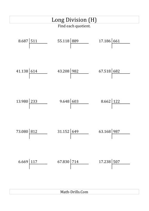 The European Long Division with a 3-Digit Divisor and a 2-Digit Quotient with No Remainders (H) Math Worksheet