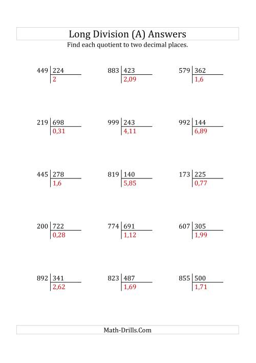 The European Long Division with a 3-Digit Divisor and a 3-Digit Dividend with Decimal Quotients (A) Math Worksheet Page 2