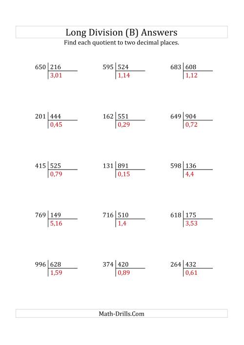 The European Long Division with a 3-Digit Divisor and a 3-Digit Dividend with Decimal Quotients (B) Math Worksheet Page 2