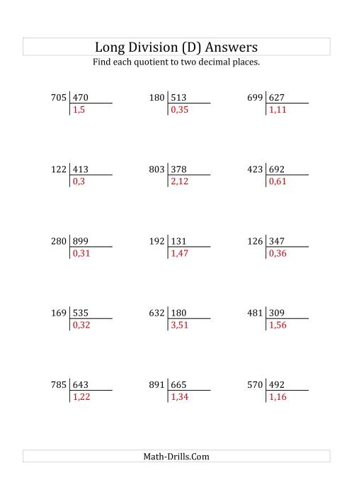 The European Long Division with a 3-Digit Divisor and a 3-Digit Dividend with Decimal Quotients (D) Math Worksheet Page 2