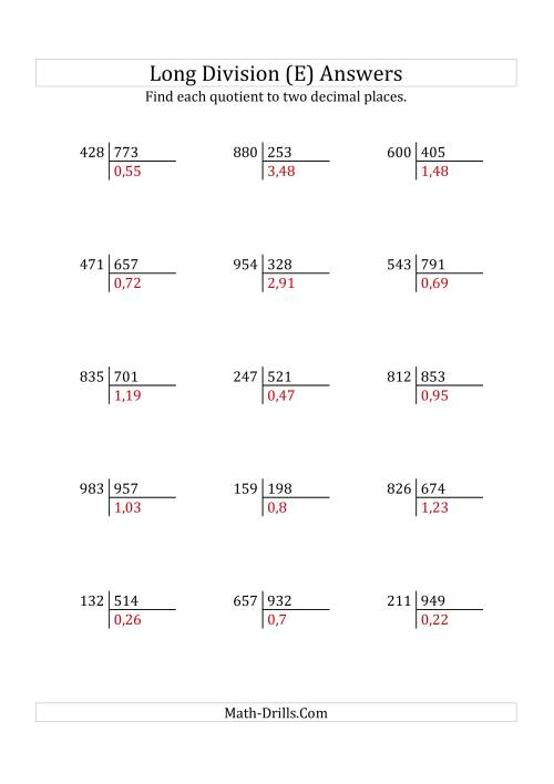 The European Long Division with a 3-Digit Divisor and a 3-Digit Dividend with Decimal Quotients (E) Math Worksheet Page 2