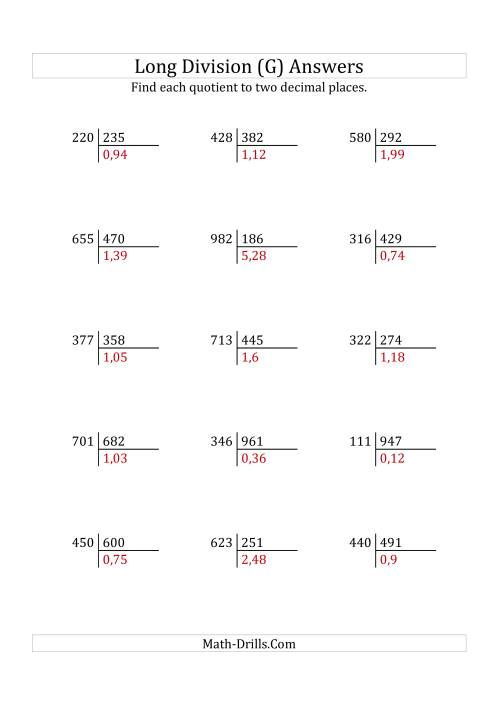The European Long Division with a 3-Digit Divisor and a 3-Digit Dividend with Decimal Quotients (G) Math Worksheet Page 2
