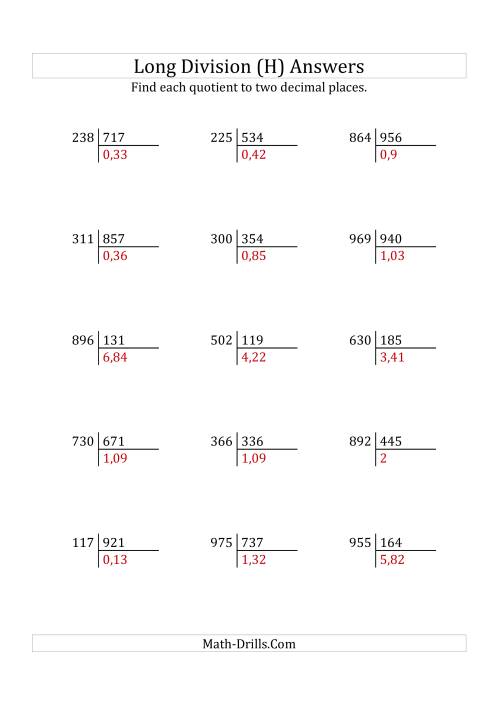 The European Long Division with a 3-Digit Divisor and a 3-Digit Dividend with Decimal Quotients (H) Math Worksheet Page 2