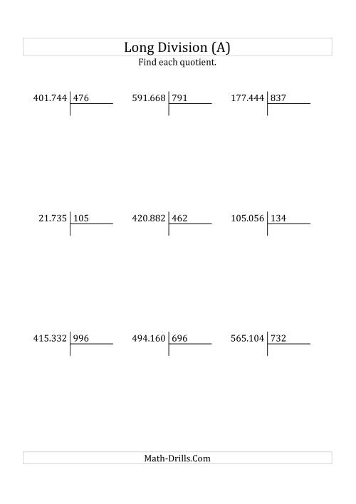The European Long Division with a 3-Digit Divisor and a 3-Digit Quotient with No Remainders (A) Math Worksheet