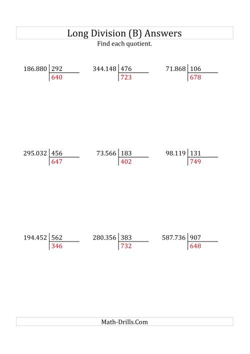 The European Long Division with a 3-Digit Divisor and a 3-Digit Quotient with No Remainders (B) Math Worksheet Page 2