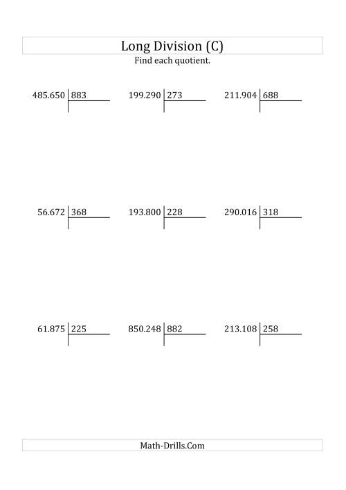 The European Long Division with a 3-Digit Divisor and a 3-Digit Quotient with No Remainders (C) Math Worksheet