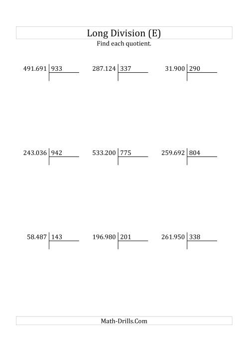 The European Long Division with a 3-Digit Divisor and a 3-Digit Quotient with No Remainders (E) Math Worksheet