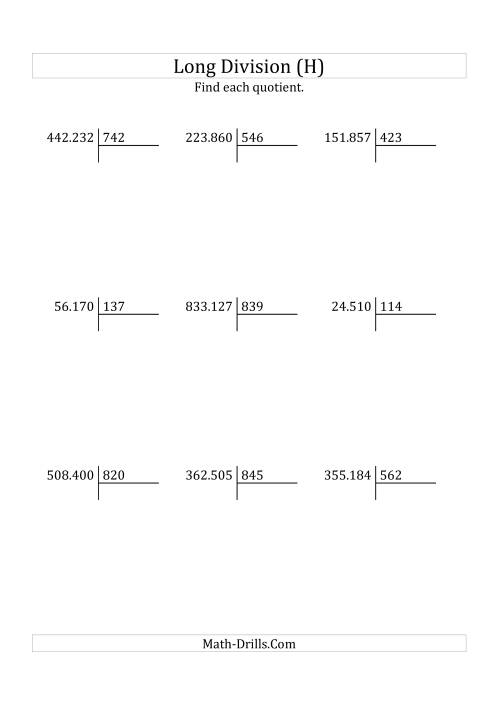 The European Long Division with a 3-Digit Divisor and a 3-Digit Quotient with No Remainders (H) Math Worksheet