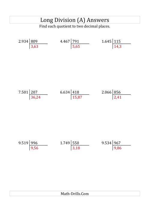 The European Long Division with a 3-Digit Divisor and a 4-Digit Dividend with Decimal Quotients (A) Math Worksheet Page 2