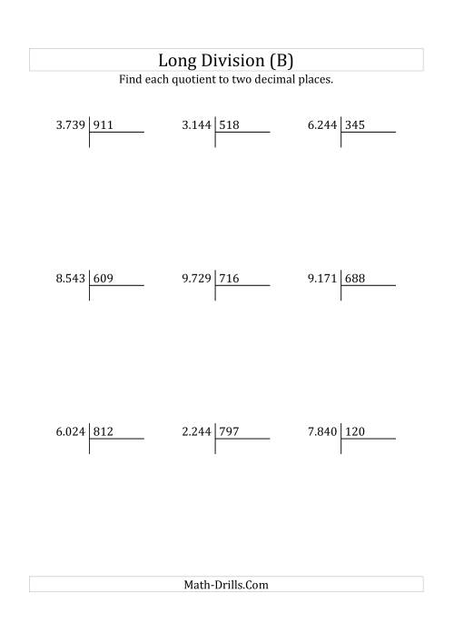 The European Long Division with a 3-Digit Divisor and a 4-Digit Dividend with Decimal Quotients (B) Math Worksheet