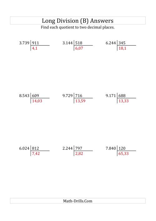The European Long Division with a 3-Digit Divisor and a 4-Digit Dividend with Decimal Quotients (B) Math Worksheet Page 2