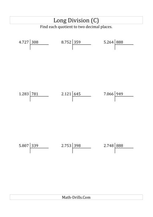 The European Long Division with a 3-Digit Divisor and a 4-Digit Dividend with Decimal Quotients (C) Math Worksheet